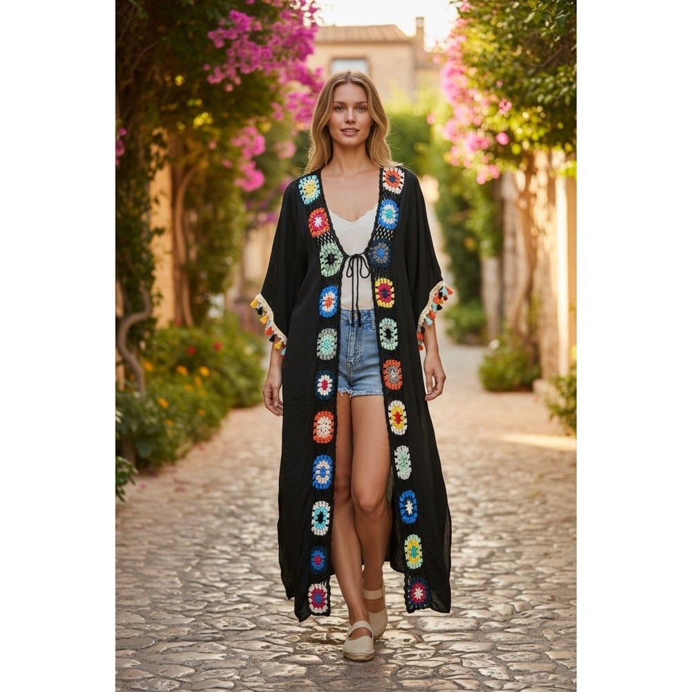 White Mark Boho Crochet Granny Square Tassel Kimono Duster Black One Size